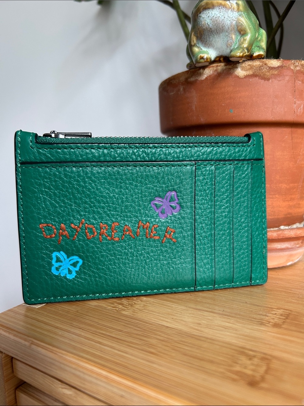 Coach Green Leather Zip Card Holder with Colorful Embroidery Customized Embossed - Picture 2 of 6